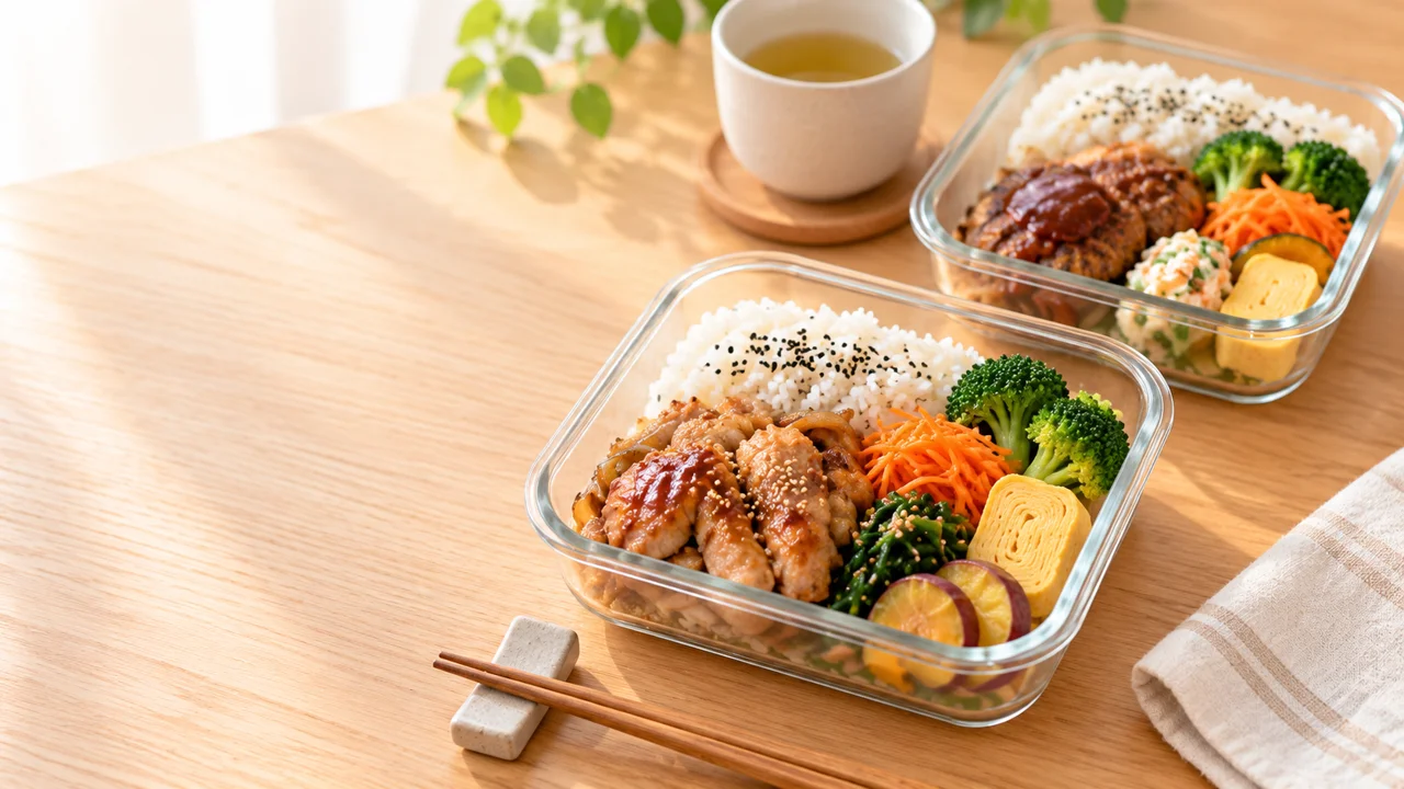 木のテーブルに用意された、2人分の手作り弁当